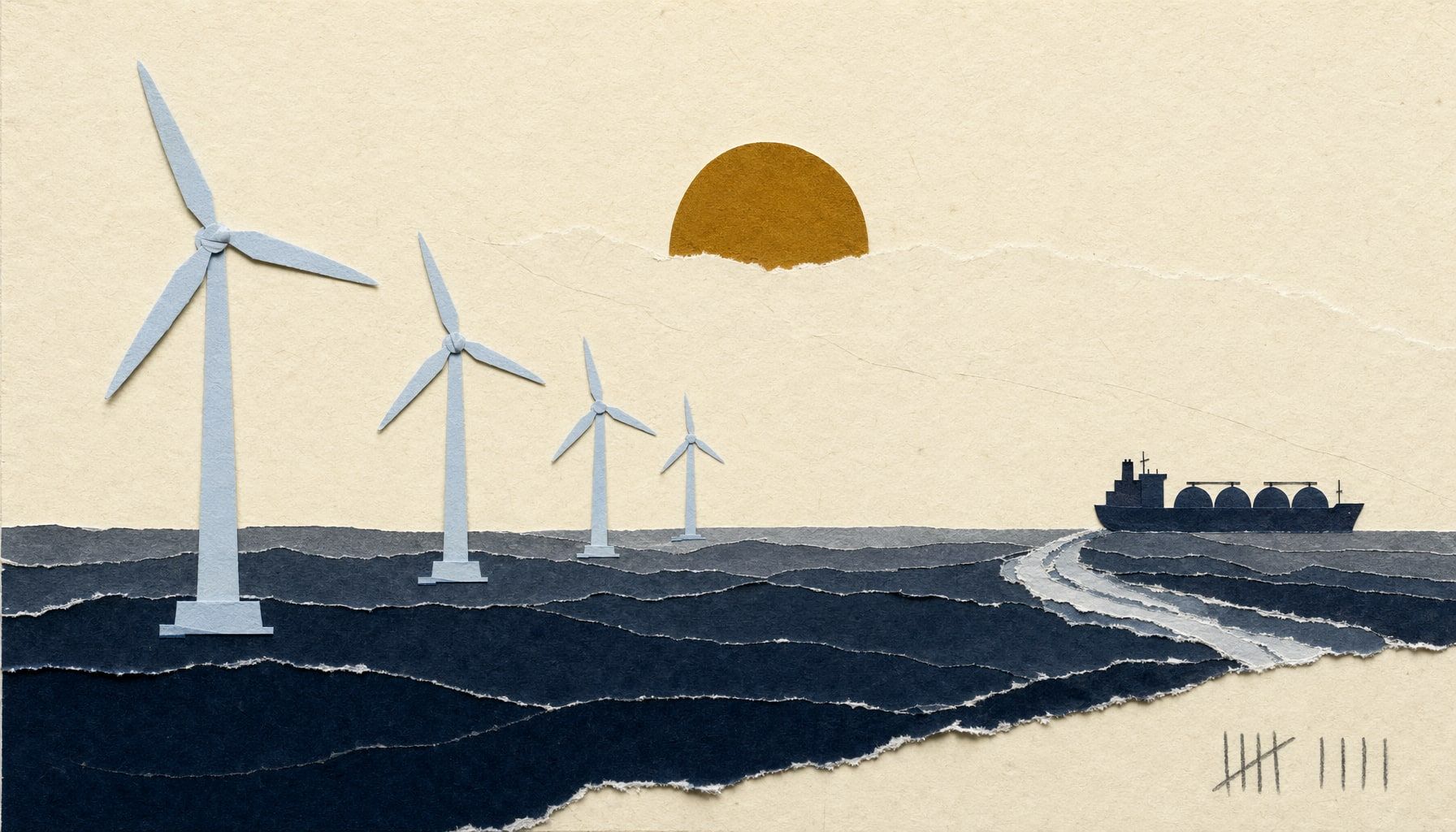 Rivi merituulivoimaloita etualalla, horisontissa LNG-tankkeri kääntyy pois ulapalle, amber-aurinko taivaalla