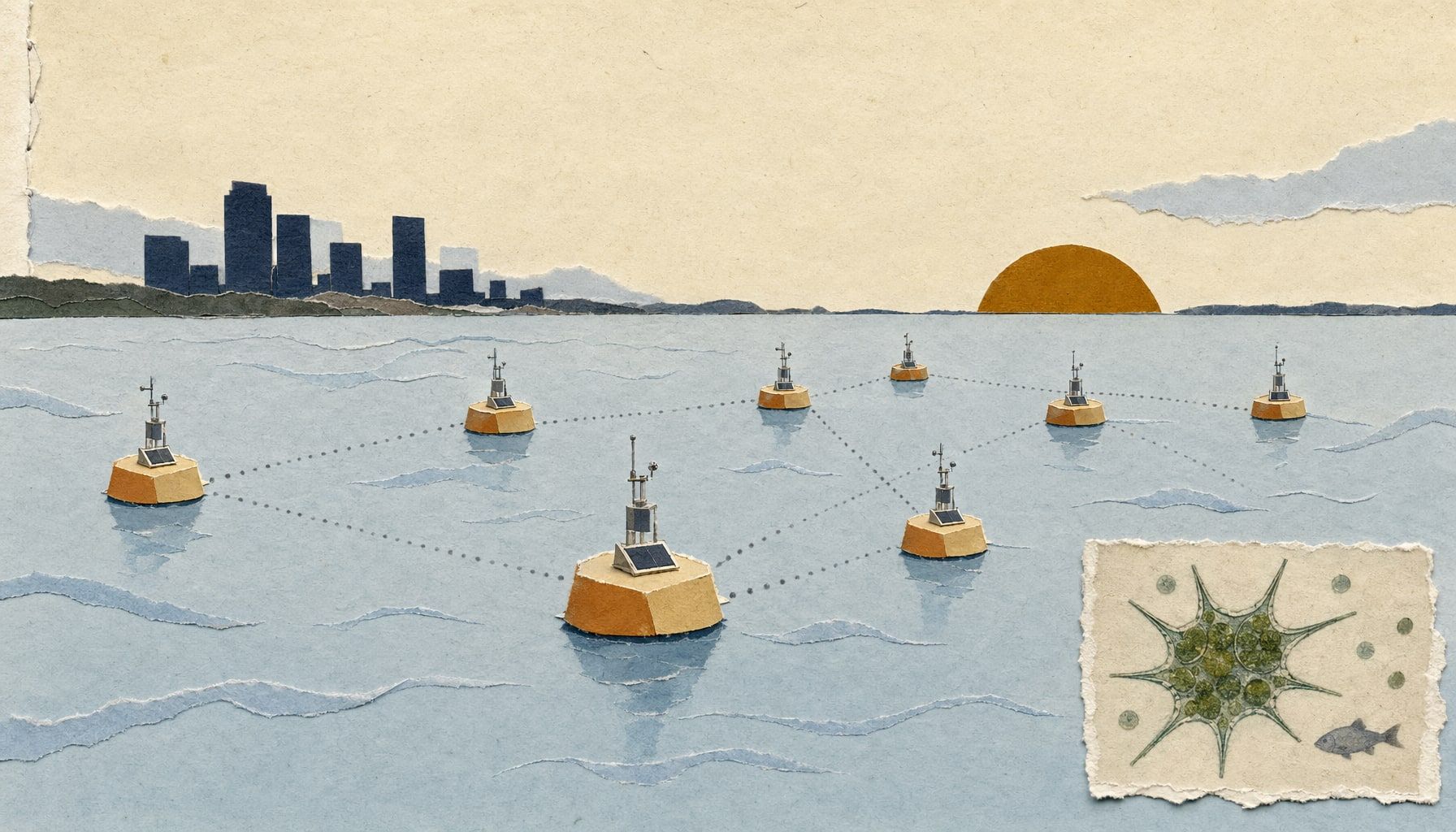 Rivi keltaisia anturipoijuja järven pinnalla verkkomuodostelmassa, pisteviivat yhdistävät ne, Clevelandin skyline taustalla