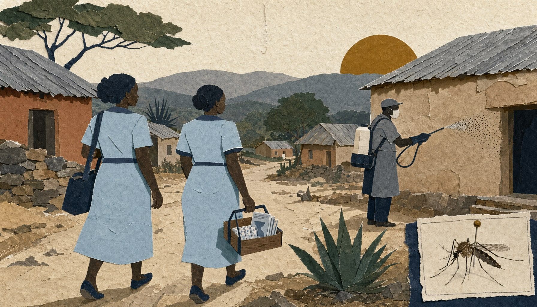 Kaksi terveystyöntekijää vaaleansinisissä univormuissa kävelee eswatilaisella kylätiellä, taustalla talon seinää suihkutetaan hyönteismyrkyllä
