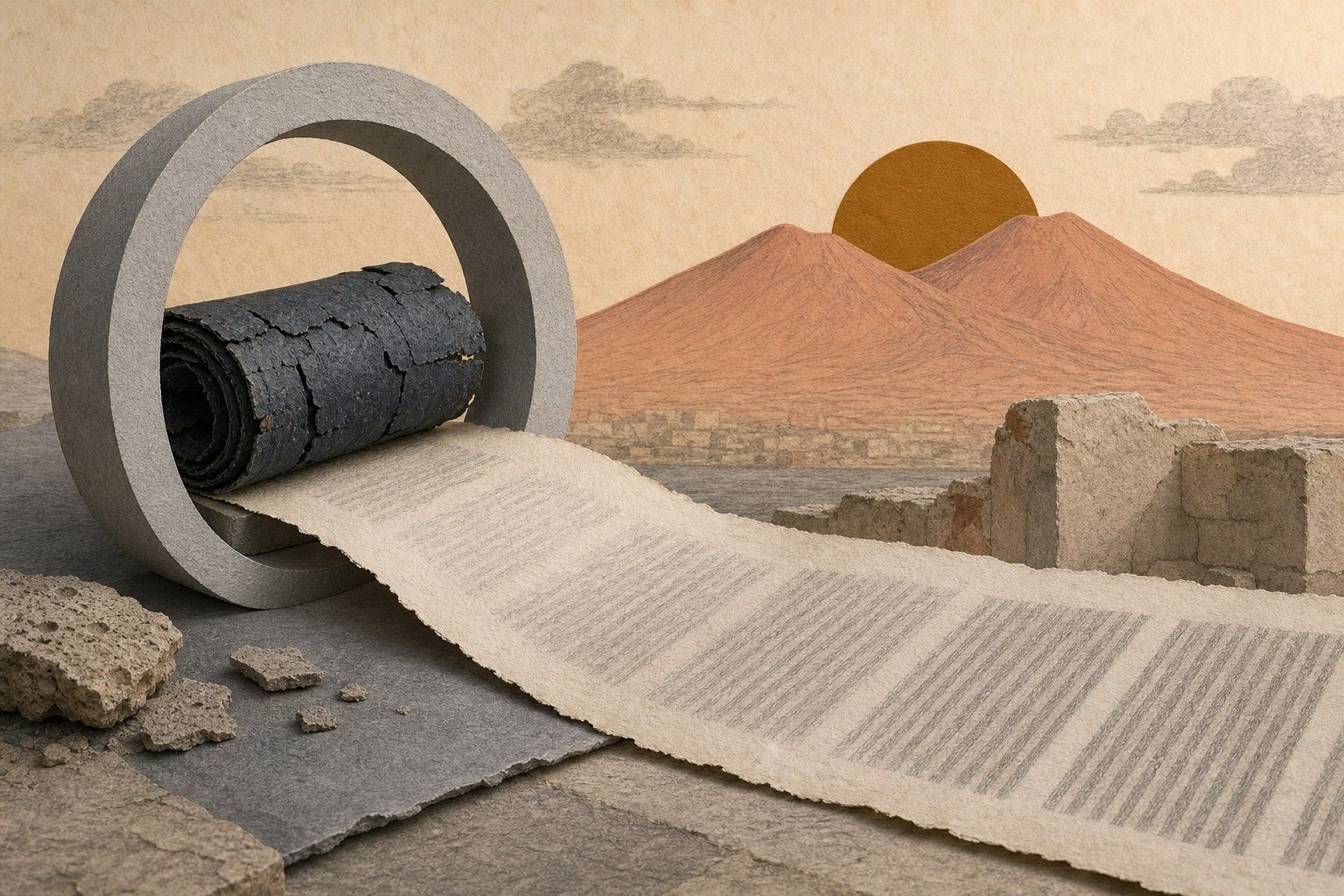 Paperikollaasi: hiiltynyt papyruskäärö skannerirenkaan sisällä, siitä aukeaa pitkä paperinauha jolla himmeitä palstoja, taustalla Vesuvius.