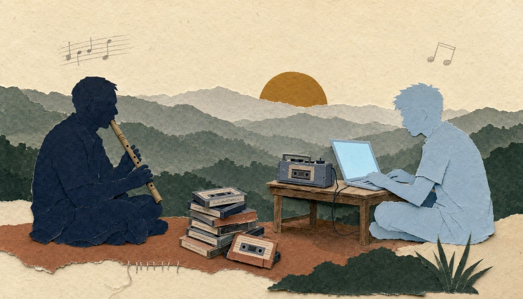 Isä soittaa bambuhuilua vasemmalla, poika digitoi kasetteja kannettavalla oikealla, taustalla Manipurin sumuiset rinteet