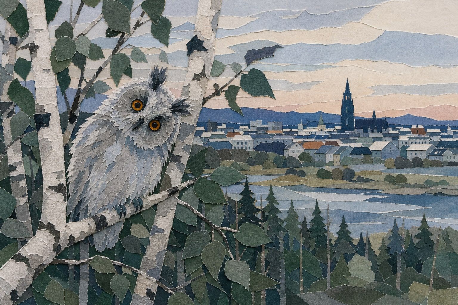 Paperikollaasi: sarvipöllön pörröinen poikanen oksalla pienessä metsikössä, oranssit silmät ja höyhentöyhdöt, taustalla kaupungin kattoja.