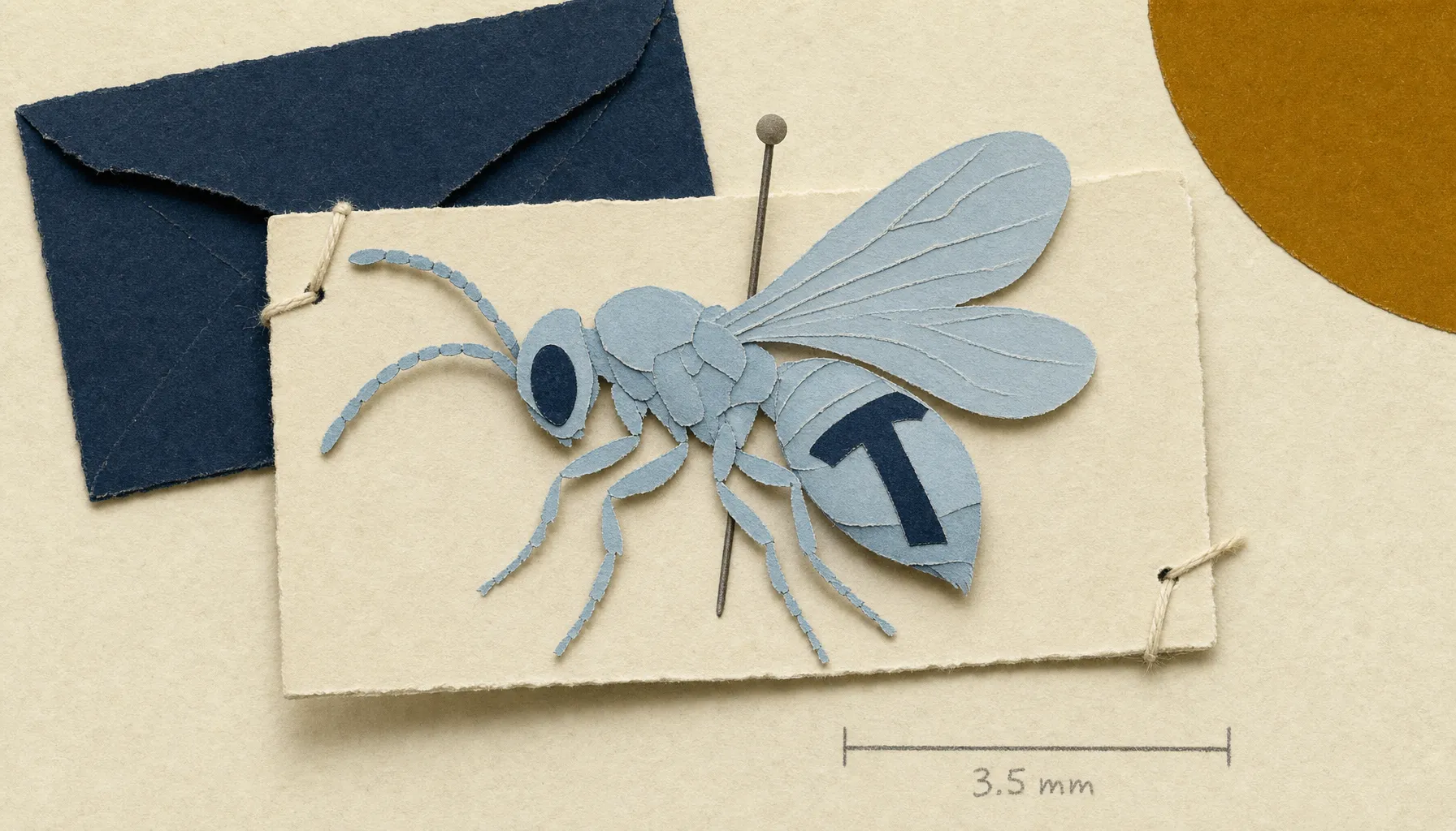 Paperikollaasi: museonäytekortti, jolla suurennos 3,5 mm pitkästä ampiainen Attenboroughnculus tau, sininen paperisilhuetti, vatsan T-kuvio tummansinisenä, alla tyhjä nimiölappu, oikealla kynäviivalla mittajana
