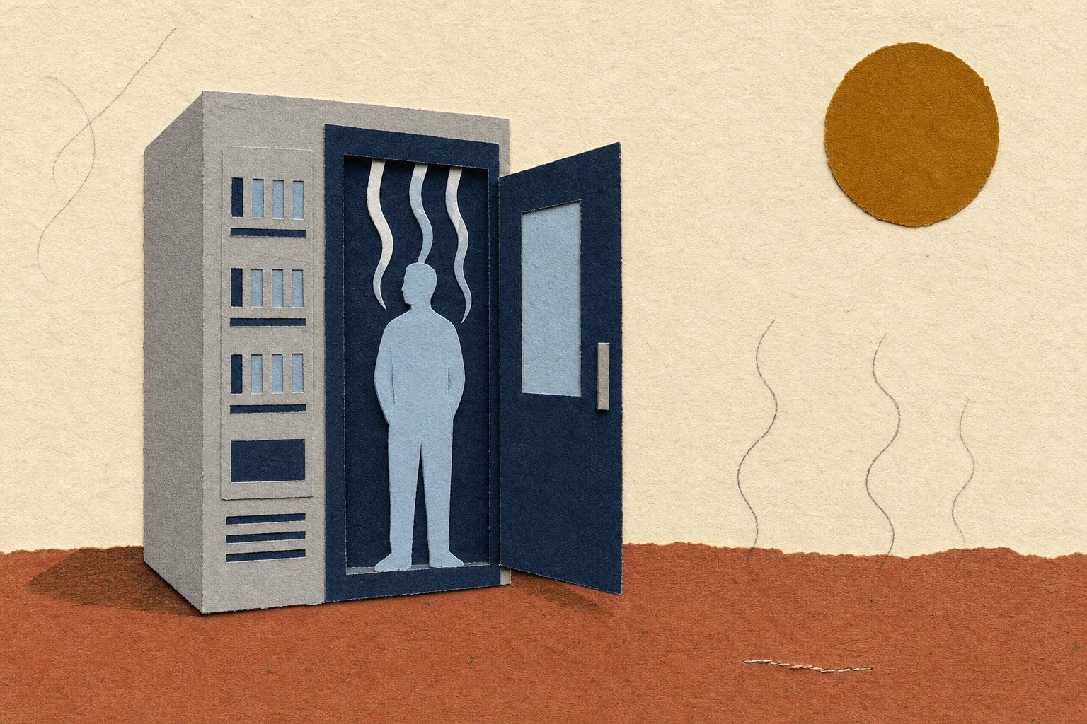 Paperikollaasi: juoma-automaatin näköinen viilennyskoppi ovi avoinna, sisällä seisoo ihmishahmo jonka ylle valuu viileitä ilmavirtoja, oikealla paahtava aurinko.