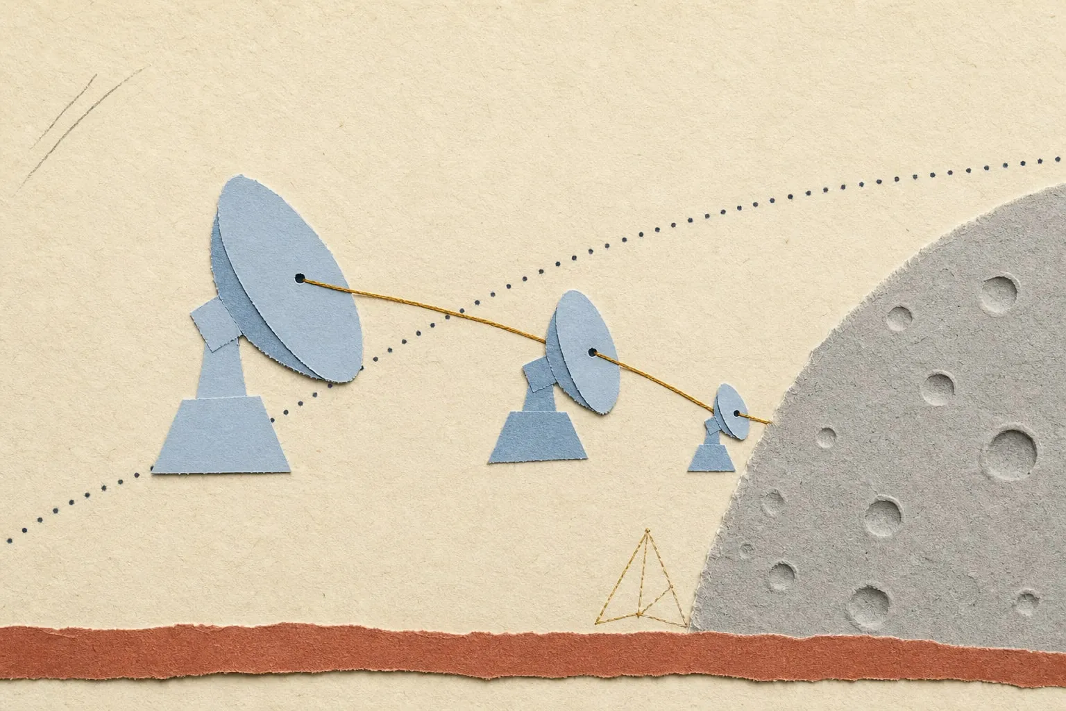 Paperikollaasi: kolme erikokoista vaaleansinistä satelliittisiluettia kaarella harmaan puolikuun ympärillä, pienin lähimpänä pintaa, yksi amber-aksenttiviiva yhdistää ne
