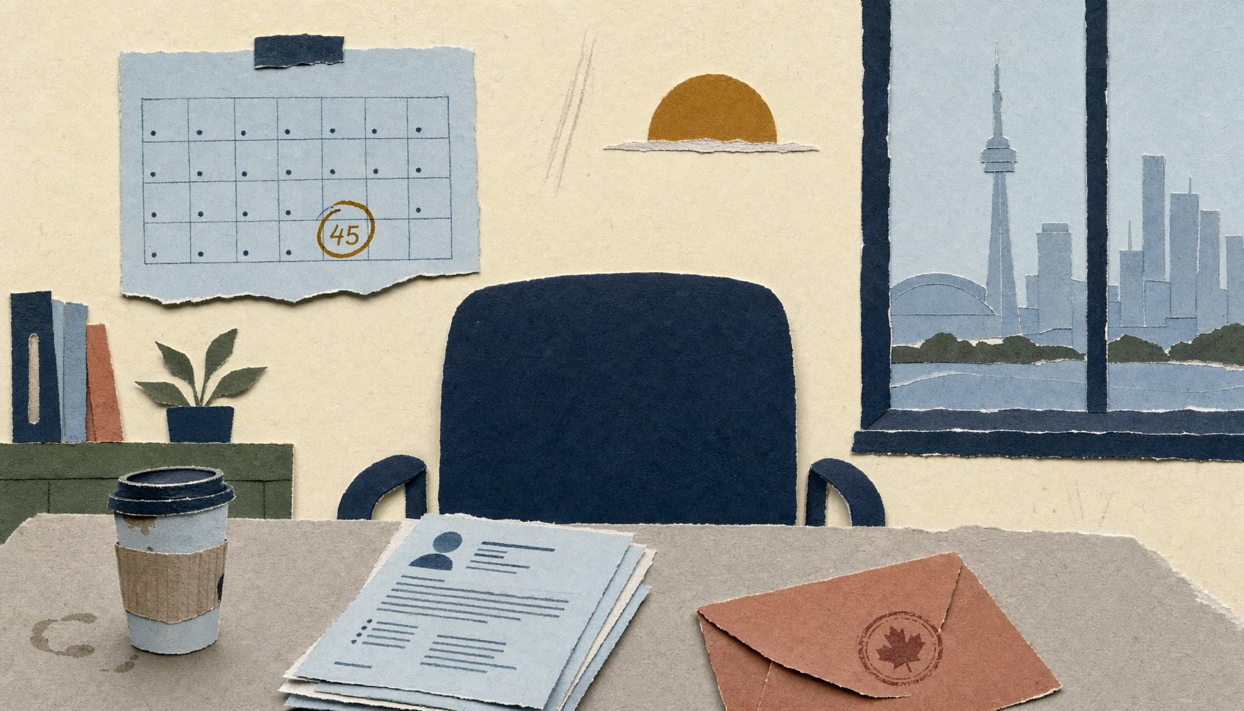 Tyhjä toimistotuoli haastattelupöydän ääressä, kalenterissa ympyröity luku 45, ikkunasta Toronton skyline