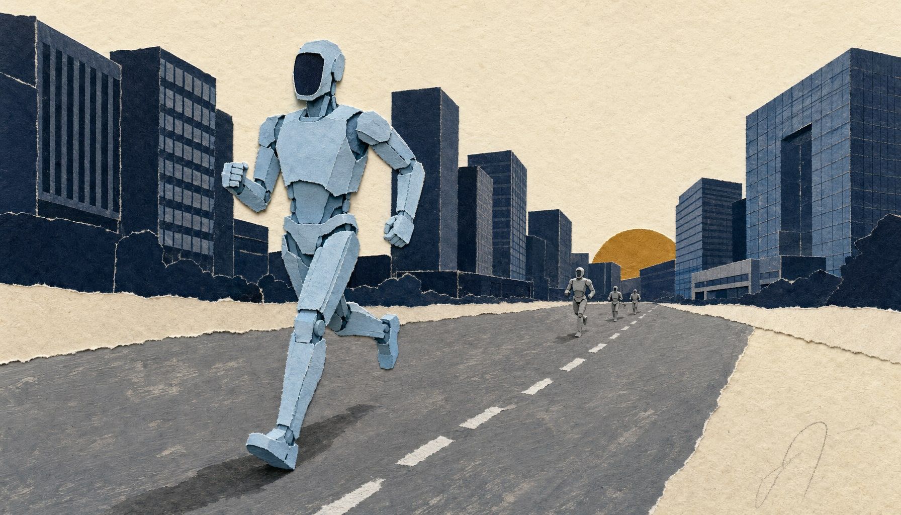 Humanoidirobotti juoksee yksin suljetulla boulevardilla Pekingin Yizhuangissa, kaukana takana pari pienempää robottia