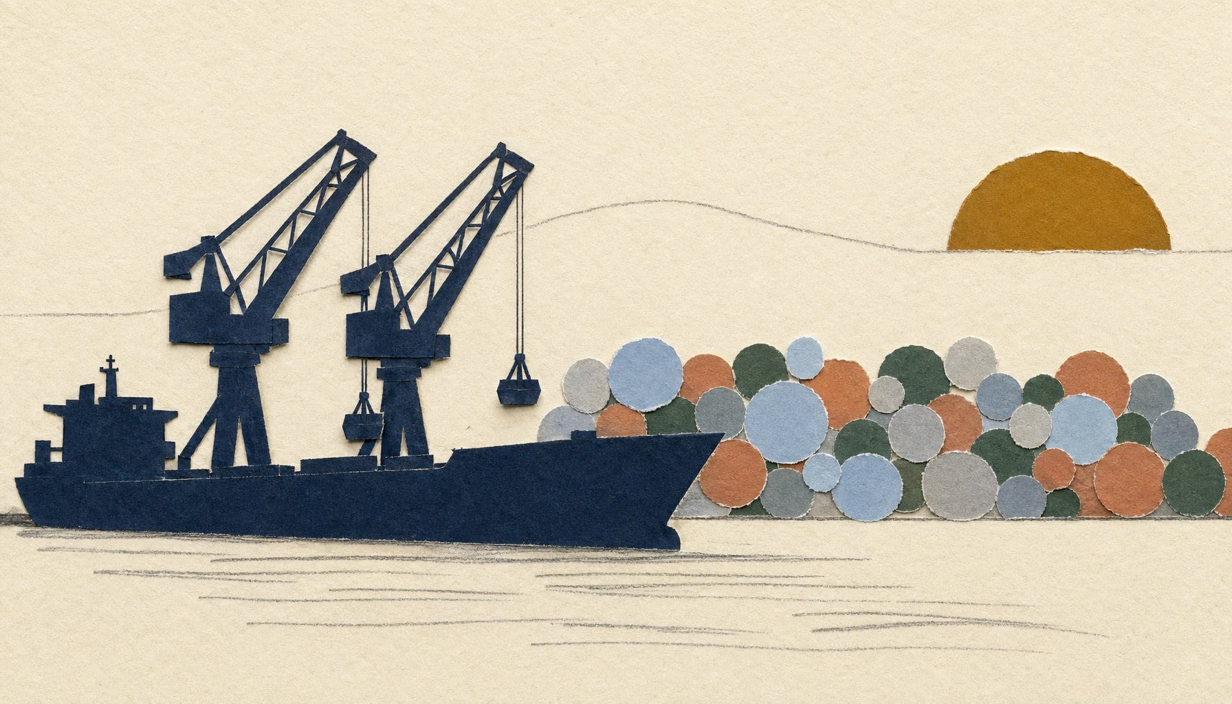 Hiilen vientisataman silhuetti: tummansininen irtolastialus ja kaksi nosturia vasemmalla, oikealla pieniä paperiympyröitä eri väreissä koalition maiden symbolina, ylhäällä amber-aurinko