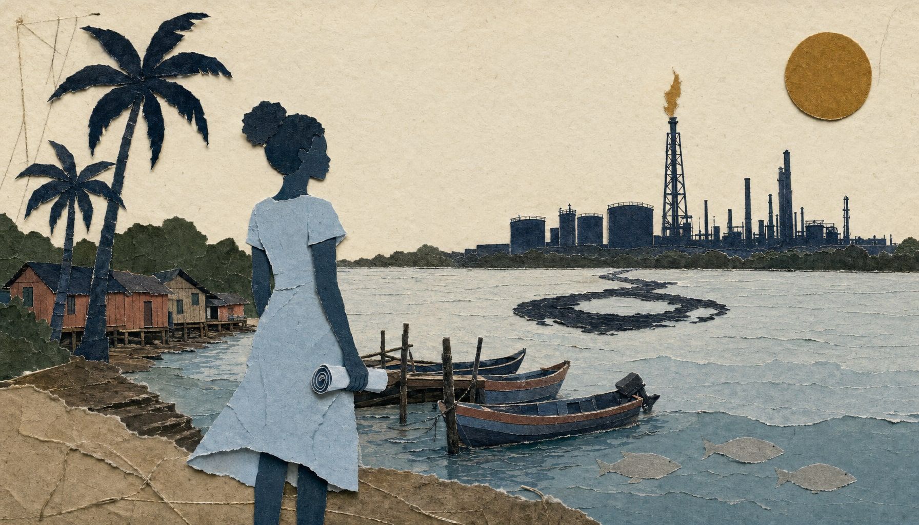 Nuori nainen seisoo Magdalena-joen rannalla, taustalla Ecopetrolin jalostamo ja joessa öljyläiskiä, etualalla kalastusveneet ja palmut
