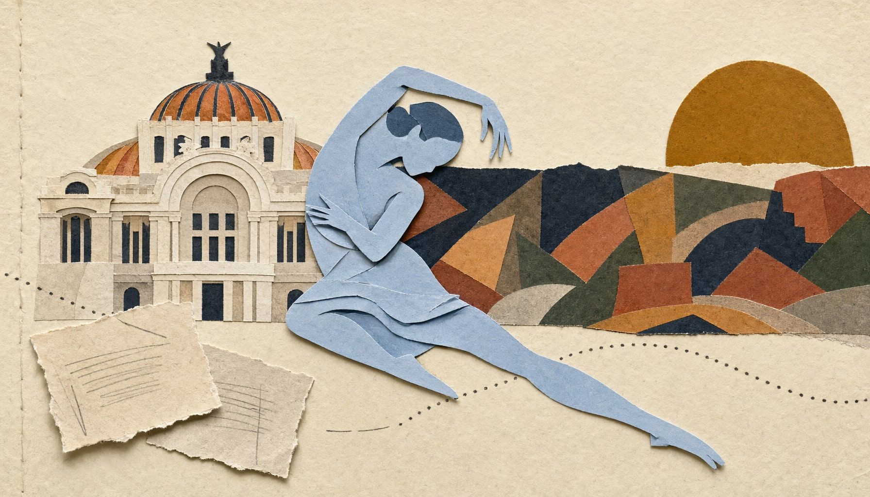 Palacio de Bellas Artesin silhuetti, etualalla tanssijahahmo liikkeessä, taustalla meksikolaisen muraalin värielementit