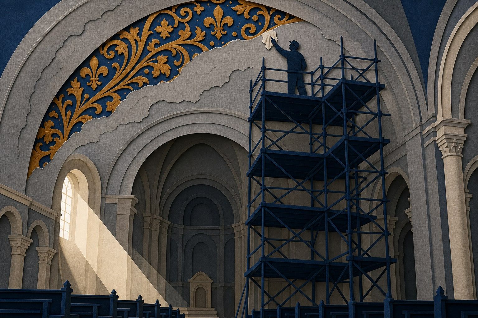 Paperikollaasi: restauroija telineellä pyyhkii basilikan kattokaarta, maalin alta paljastuu kullattuja kuvioita, alhaalla kirkkosali.