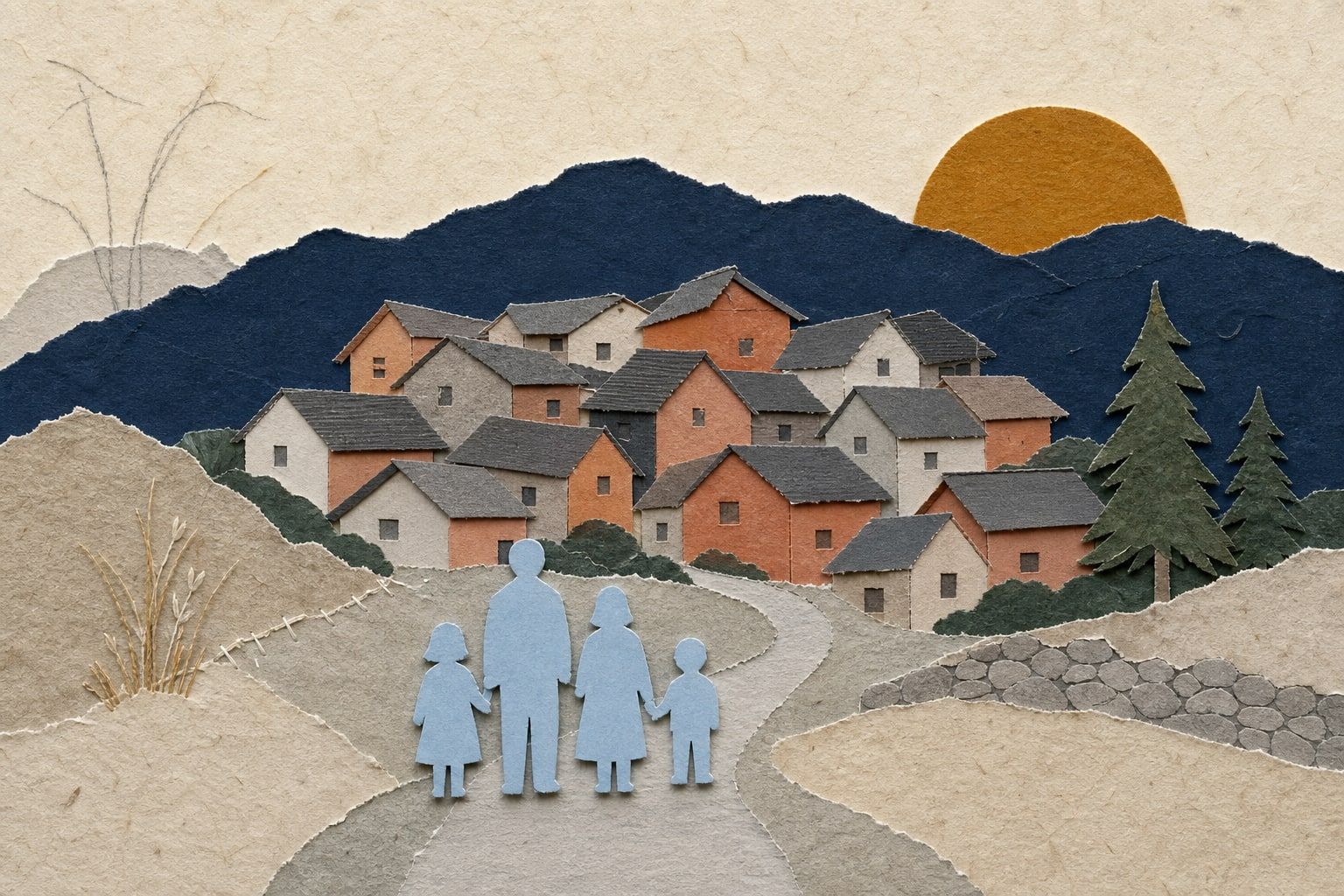 Paperikollaasi: pale sky-blue paperista leikattu perhe, aikuinen ja kaksi lasta, seisoo polulla pienen terracotta- ja harmaakattoisen vuoristokylän edessä, taustalla dark navy vuoristoharjanne ja amber-aurinko nousee.
