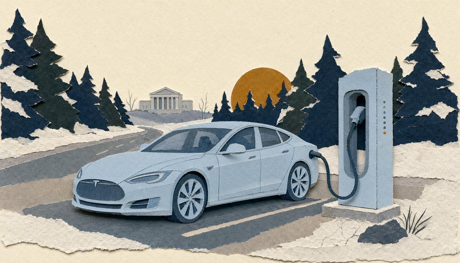 Tesla Model S Supercharger-pylvään vieressä lumisella norjalaistiellä, taustalla pieni oikeustalon pilarifasadi