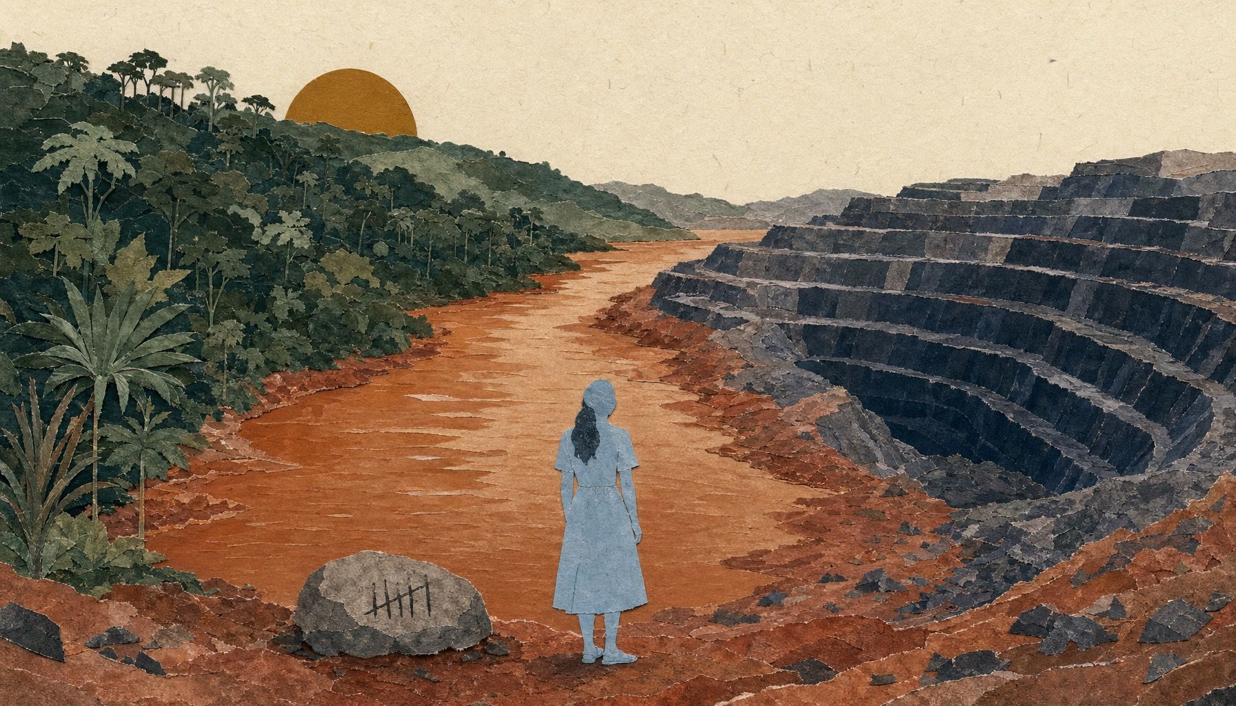 Saastunut joki viidakon läpi Bougainvillen saarella, etualalla nainen katsoo veteen, taustalla avokaivoksen jäljet