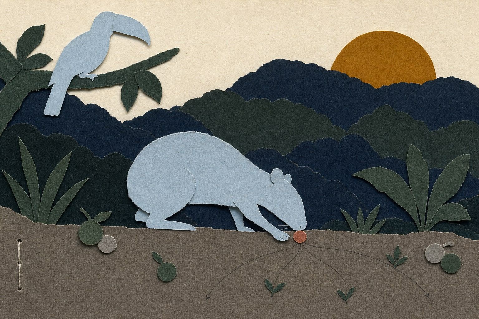 Paperikollaasi: pale sky-blue paperista leikattu agouti hautaa siementä metsänpohjaan, oksalla tukaani, taustalla dark navy ja forest green metsäharjanne, amber-aurinko nousee.