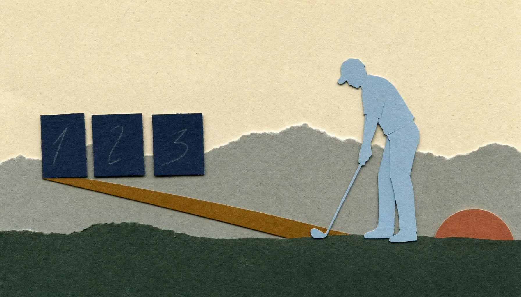 Paperikollaasimainen kuvitus: kolme tummansinistä tulostaulurektangelia numeroilla, amber-silta yhdistää ne vaaleansiniseen golfarin siluettiin, harmaat kukkulat taustalla, terrakottainen aurinko oikealla