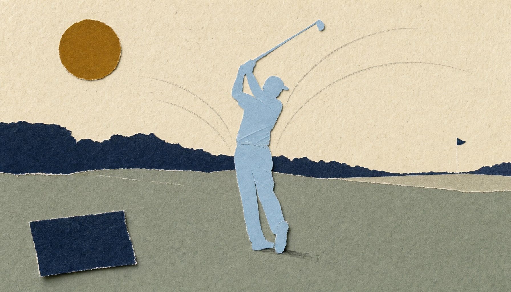 Paperikollaasimainen kuvitus: vaaleansininen golfaajan siluetti swing-jälkiasennossa, amber-aurinkoympyrä ylävasemmalla, tummansininen puulinja taustalla, pehmeä vihreä fairway