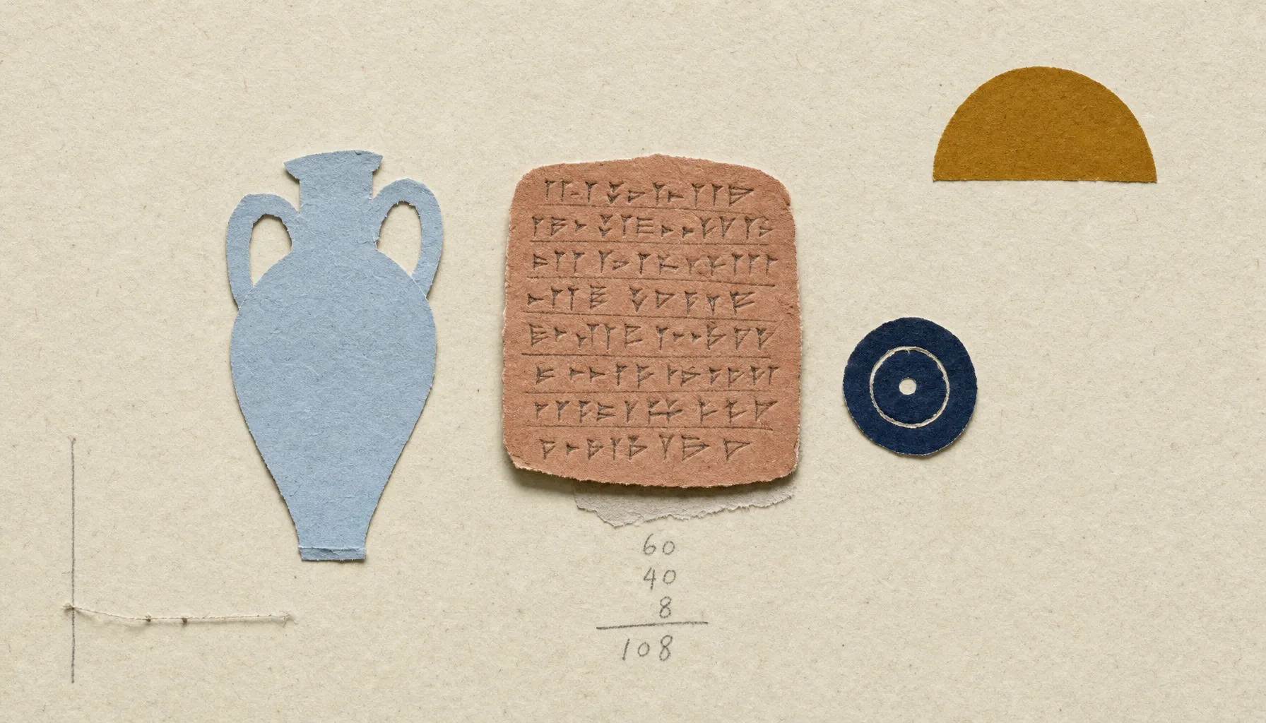 Paperikollaasi: museon tasokuva, keskellä terracotta-värinen savitaulu kiilakujakirjoituksella kynäviivamerkkinä, vasemmalla sininen amfora kahvoineen, oikealla tumma ympyrä leimasimena, alla kynällä kuittiviivasto, amber-puoliaurinko yläoikealla