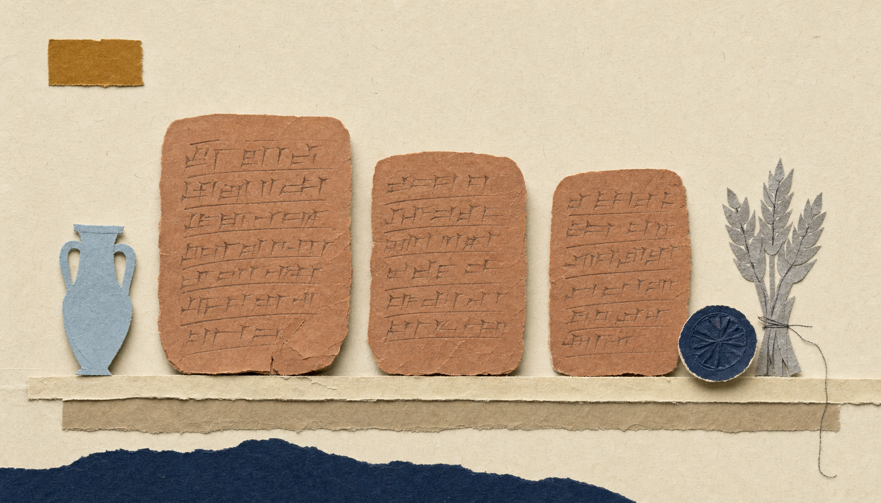 Paperikollaasi: kolme terracotta-väristä savitaulumuotoa museon hyllyllä, ympärillä pieni sininen amphora, vehnäkorsi ja yksi ympyräleimasinsymboli
