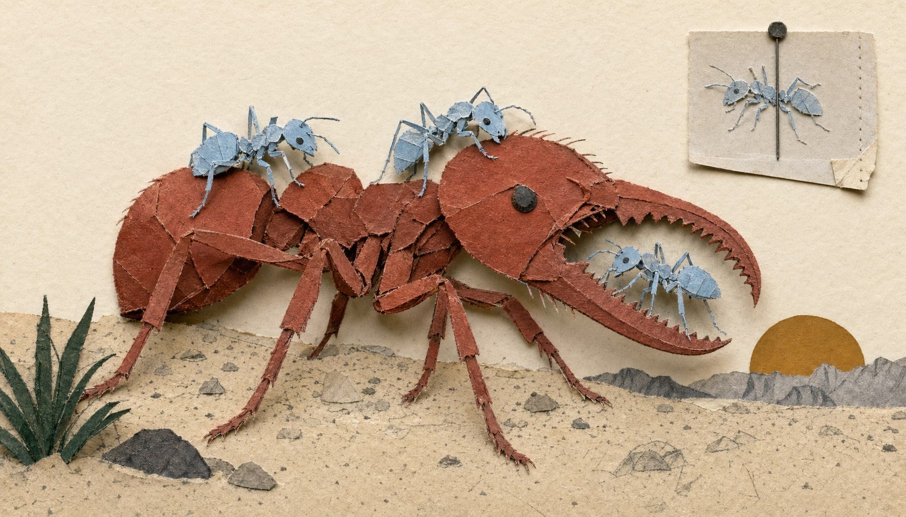 Iso terracotta-sadonkorjaajamuurahainen seisoo avoimin leuin, kolme pientä kartiomuurahaista puhdistaa sen pintaa, yksi leukojen välissä