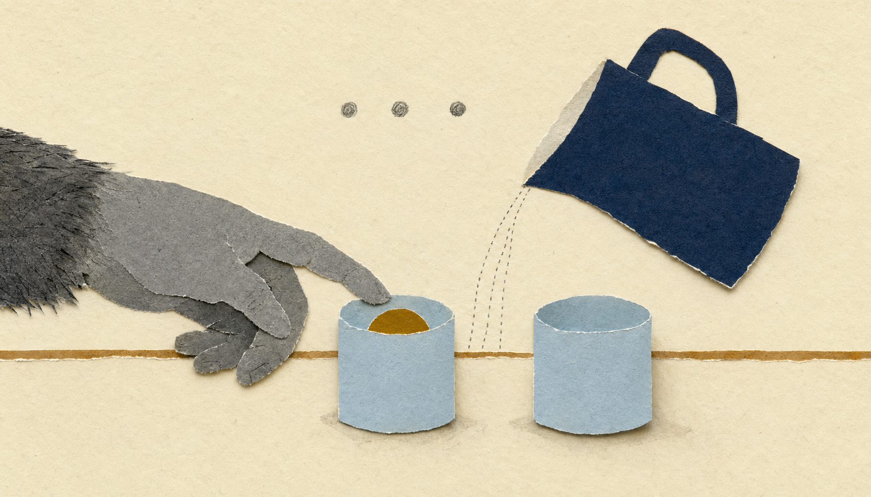 Paperikollaasiillustraatio: bonobon käsi osoittaa kuppia johon on kaadettu kuvitteellista mehua