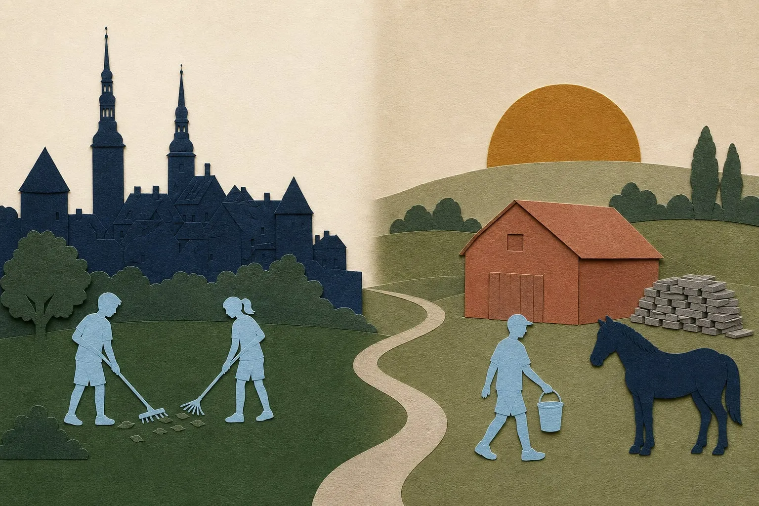 Paperikollaasi kahdesta leirityypistä: vasemmalla Tallinnan vanhankaupungin tornien alla kaksi nuorta haravoi nurmikkoa, oikealla maaseudulla nuori kantaa ämpäriä hevoselle punaisen ladon ja halkopinon vieressä