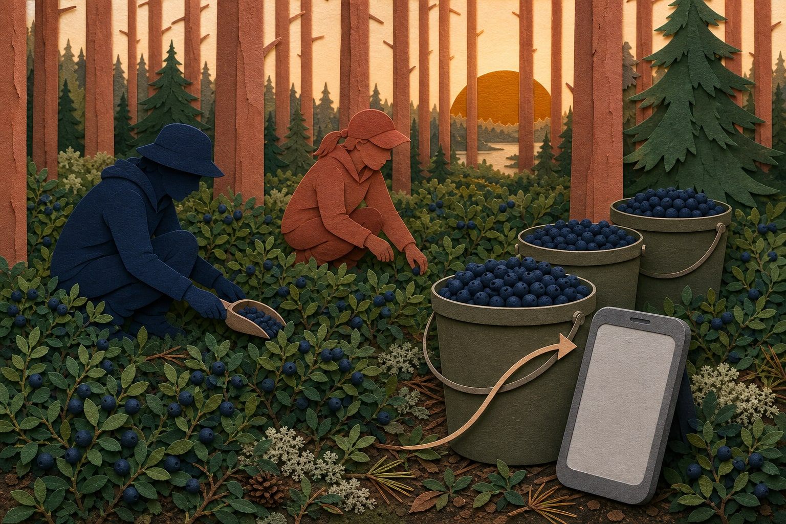 Paperikollaasi: kaksi poimijaa mustikkametsässä täysien ämpäreiden kanssa, etualalla puhelin jonka tyhjästä ruudusta kaartuu nuoli ämpäriin.